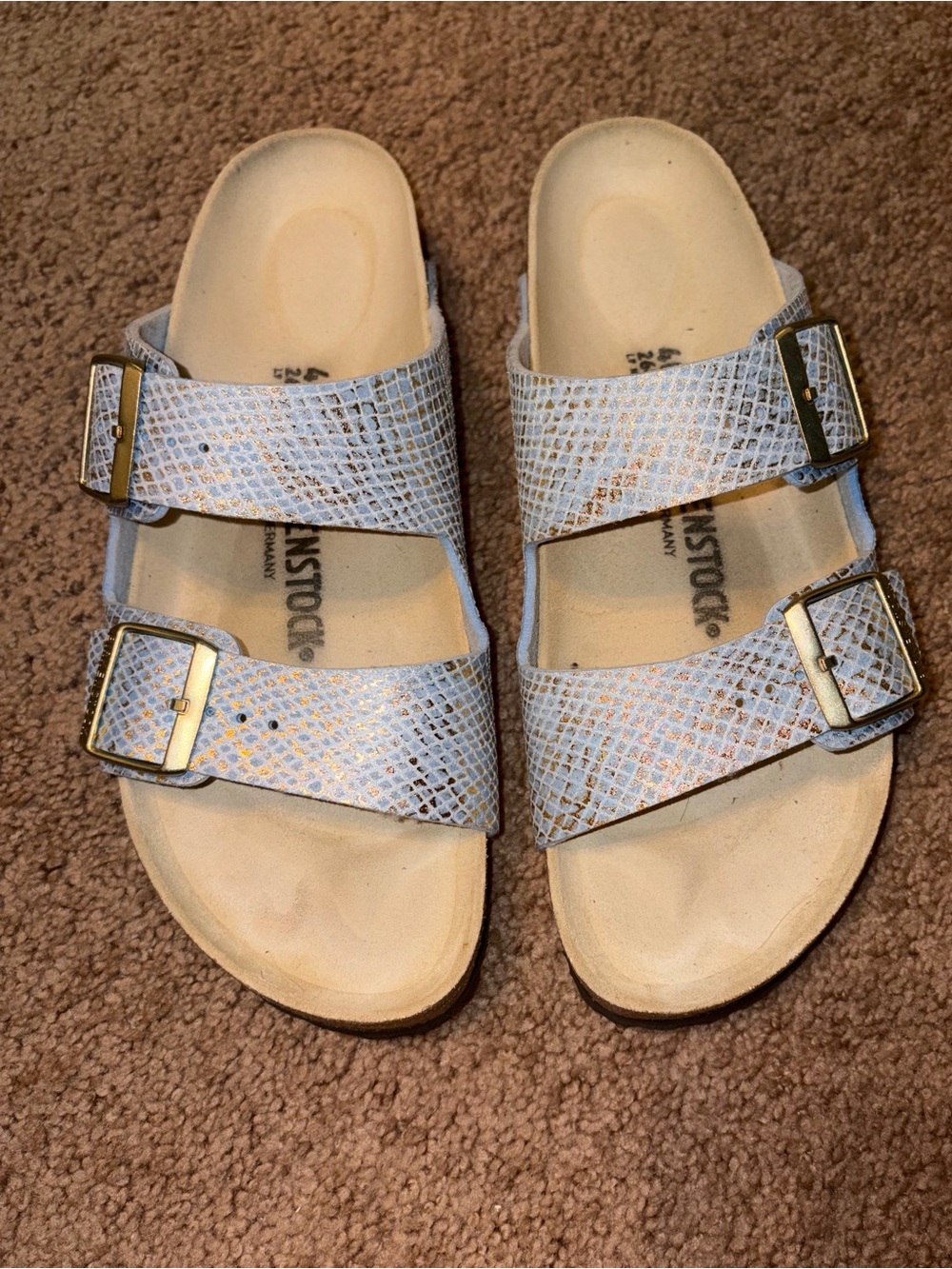 Birkenstock Women’s Arizona Sandal in Light Blue Metallic Python Size 40